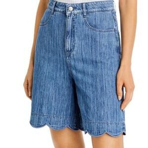 Boss NWT Scalloped Hem Denim High Rise Mom Shorts Blue Size 27 Linen Blend